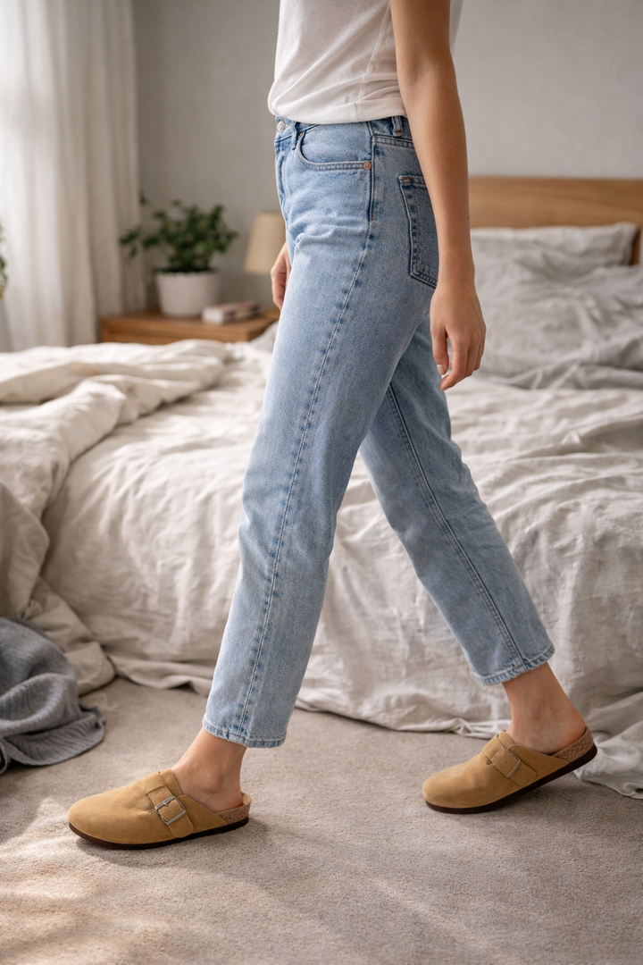 Close-up of women's comfortable clogs highlighting the adjustable buckle strap and durable sole.