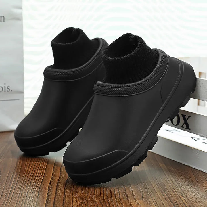 Casual women's footwear: slip-on clogs with cozy knit ankle cuff & comfortable platform design.