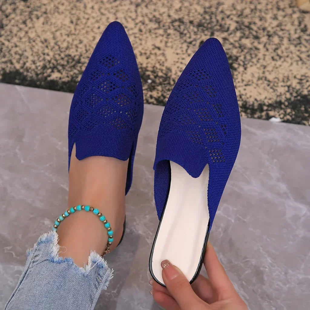Comfortable women's slip-on flat mules, elegant sandals for easy everyday wear. Breathable summer walking shoes.