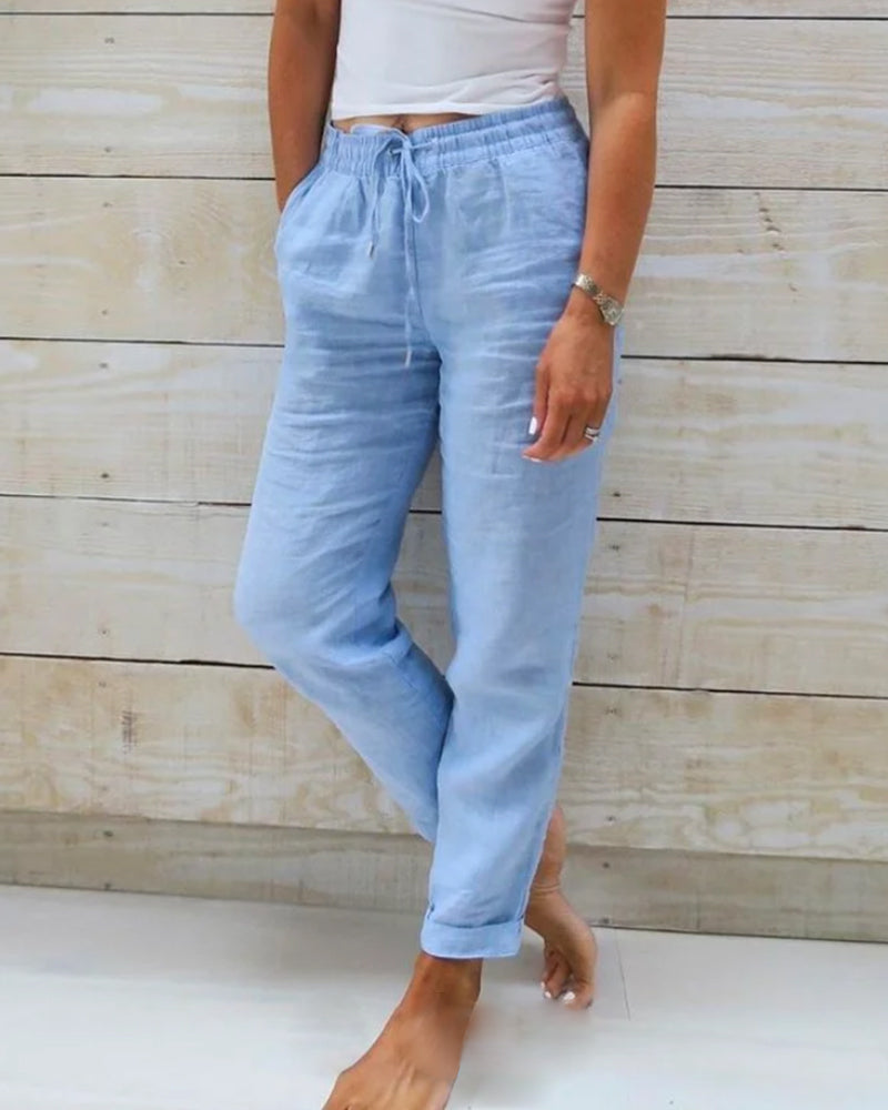 Women's comfortable straight leg pants with drawstring waist, perfect for casual summer days and relaxed fit.