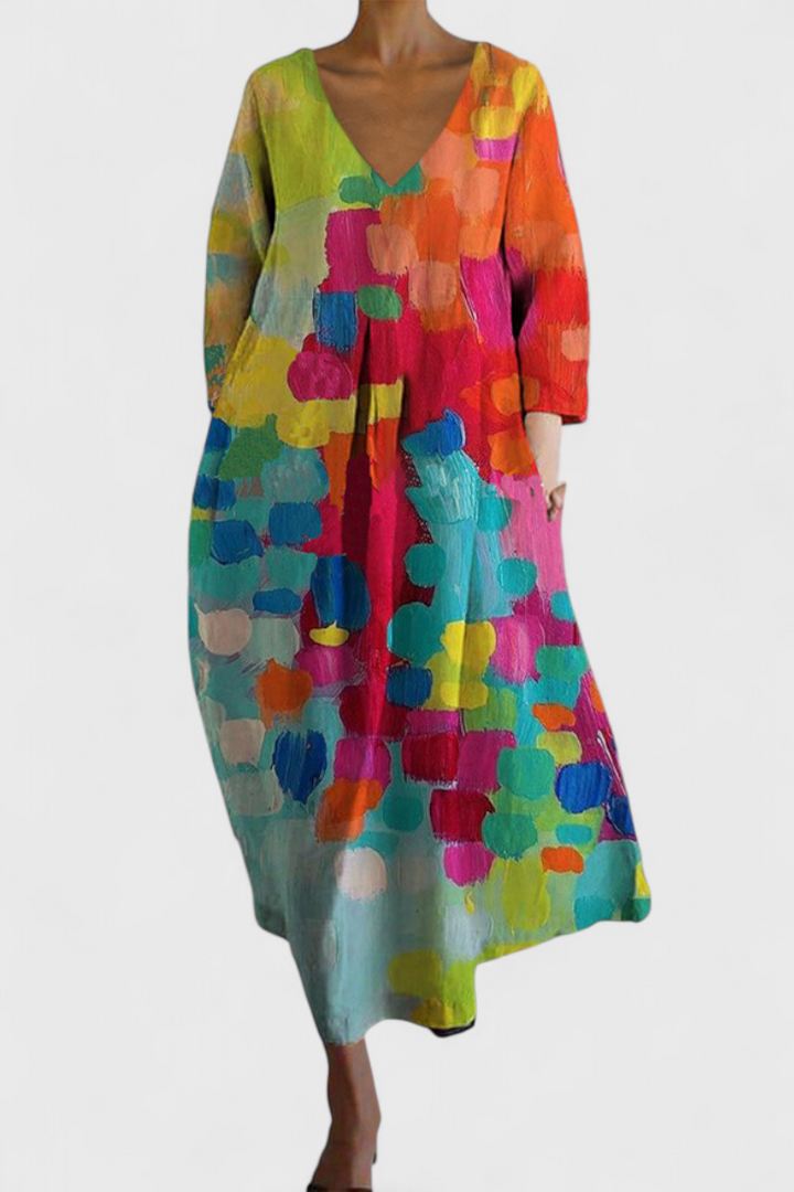 Women's comfortable V-neck flowy maxi dress, perfect for casual summer days & spring fashion.