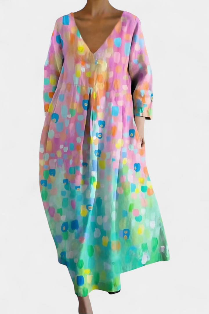 Elegant V-neck maxi dress for women, with a comfortable flowy fit. Ideal for vacations & casual wear.