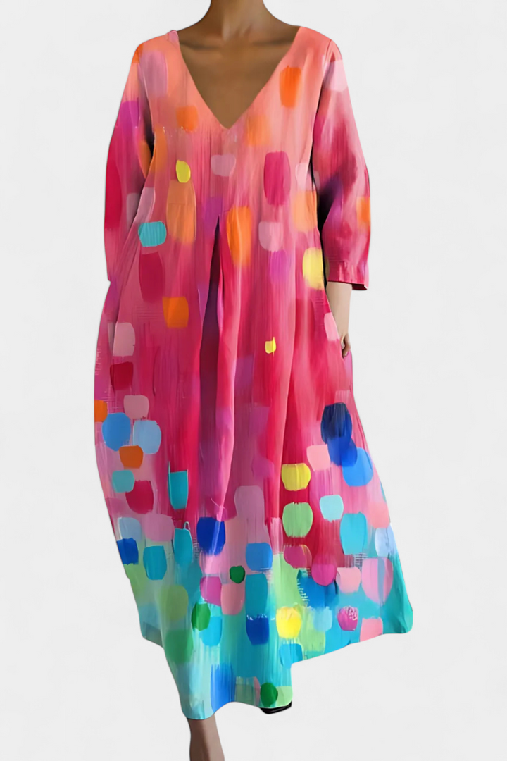 Stylish women's flowy maxi dress featuring a flattering V-neck, great for spring fashion & comfort.