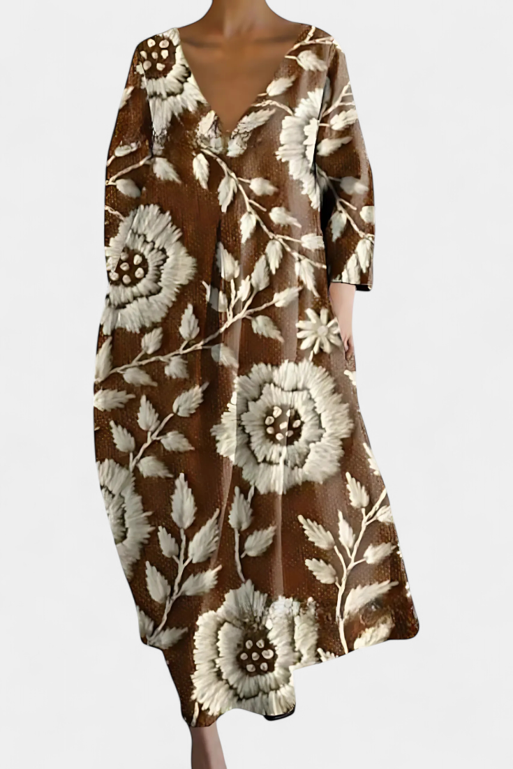 Women's comfortable V-neck maxi dress, designed with a beautiful flowy drape for elegant casual wear.