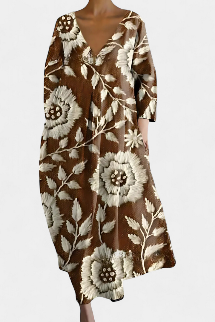 Women's comfortable V-neck maxi dress, designed with a beautiful flowy drape for elegant casual wear.