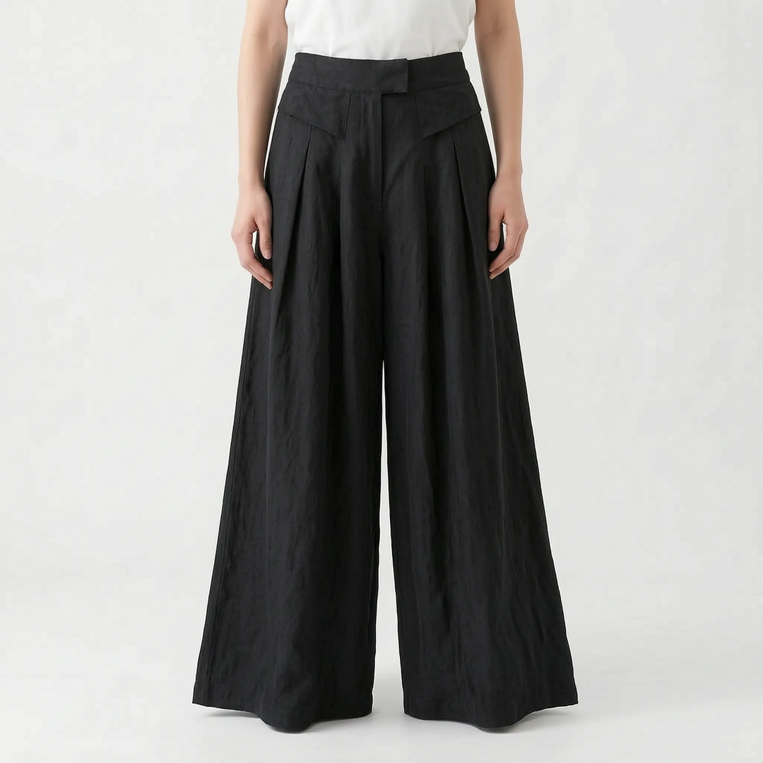 Comfortable pleated wide leg summer pants for women. Loose fit, high elastic waist, perfect for relaxed casual style.