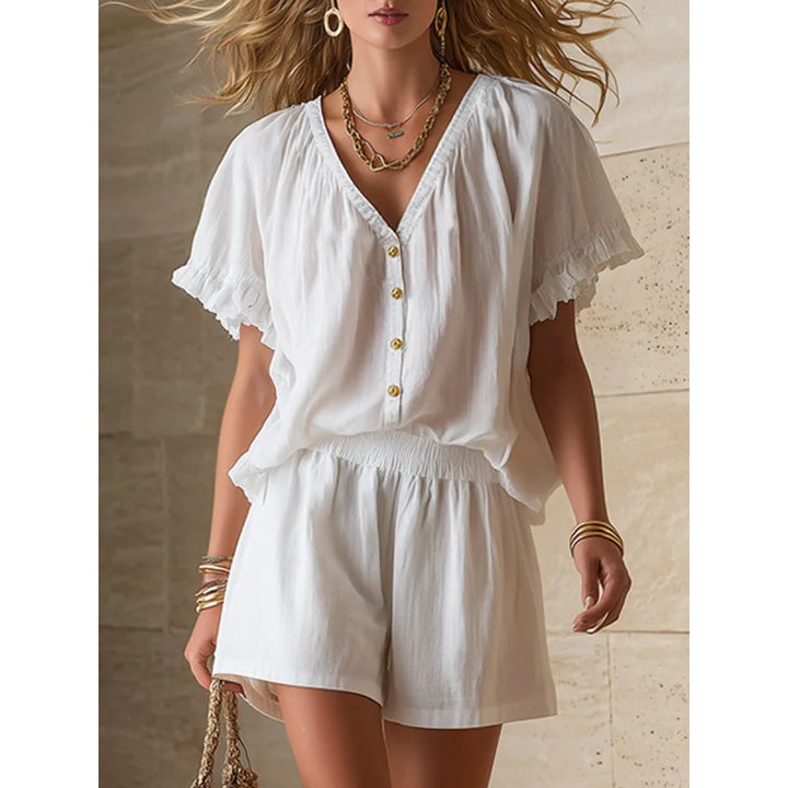 Stylish women's flutter sleeve two-piece shorts set designed for ultimate comfort and trendy summer fashion.