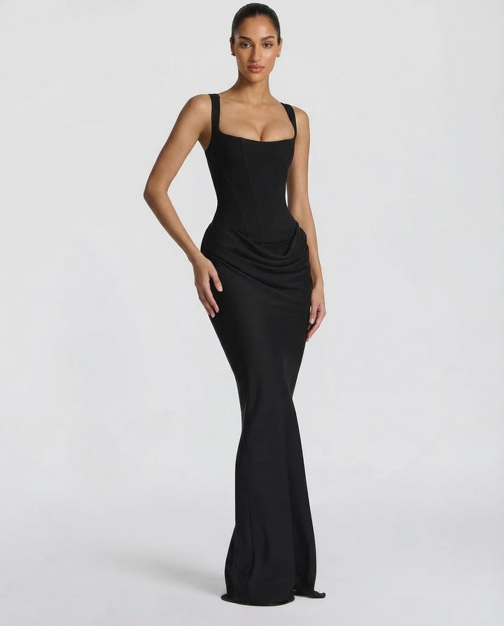 Women's corset maxi dress with draped waist, sculpted silhouette, perfect for evening or formal events.