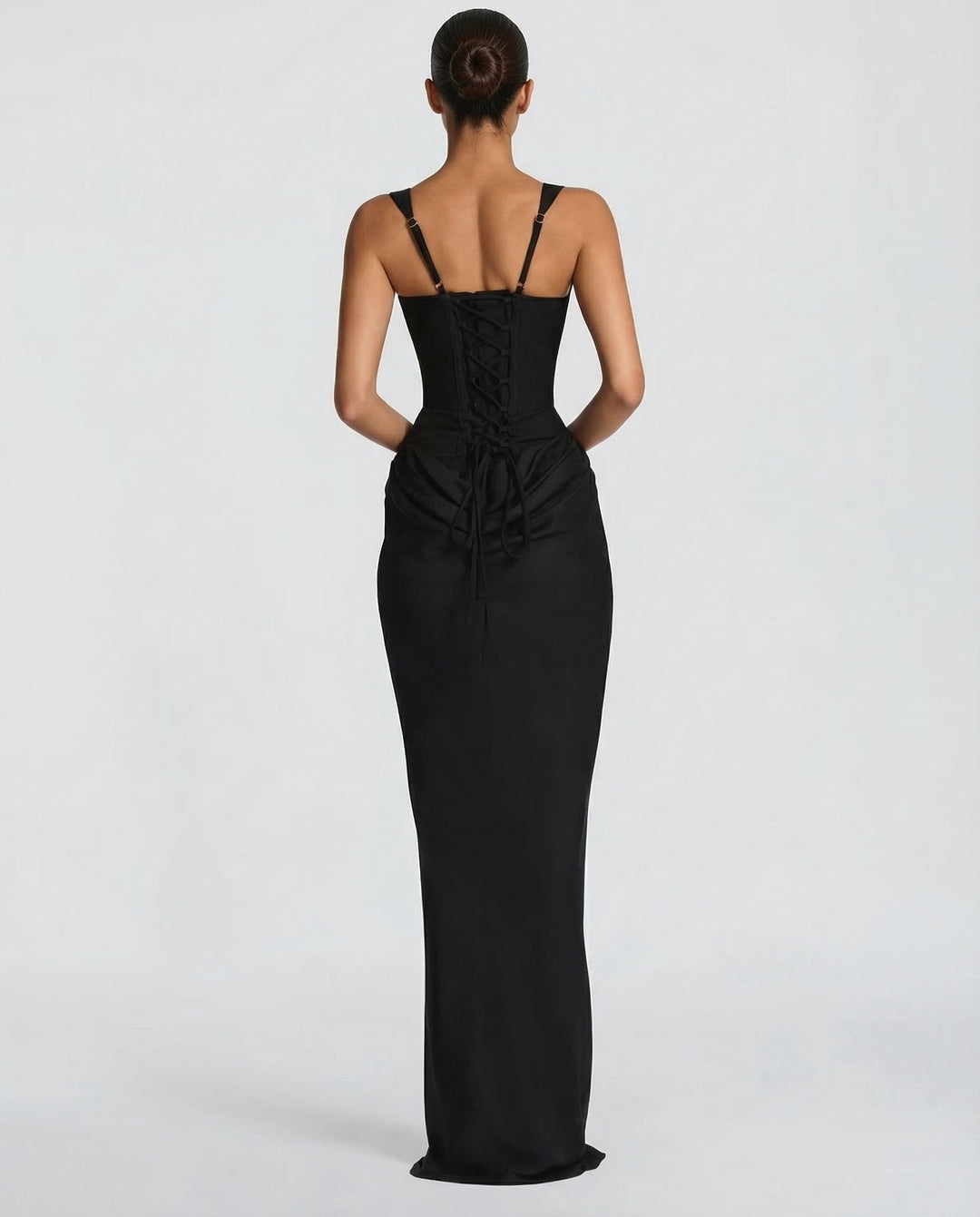 Elegant women's square neck corset maxi dress. Features a draped waist & sculpted silhouette for special occasions.