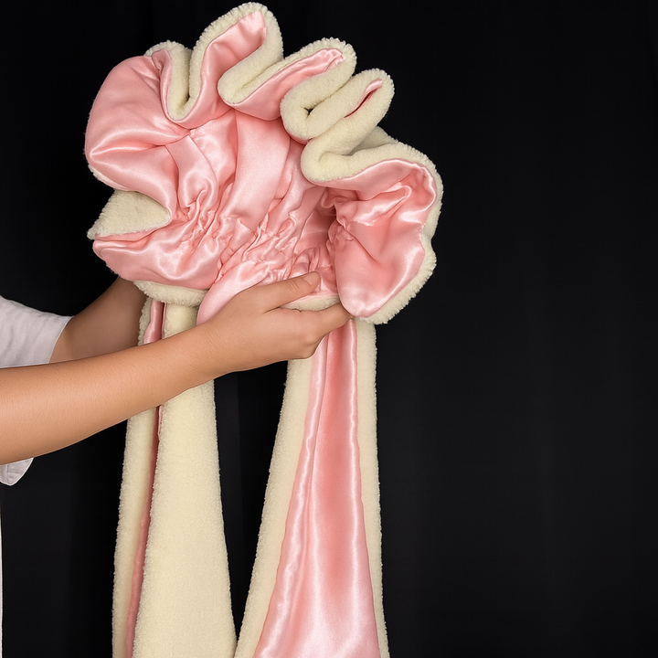 Adorable women's bunny ears bonnet, super soft plush, for warmth, sleep, & hair protection in winter.