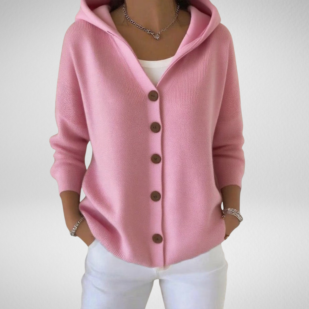 Women's cozy button-up hooded cardigan sweater, perfect for casual fall & winter layers.