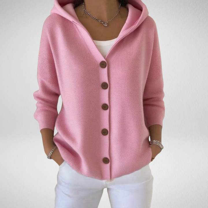 Women's cozy button-up hooded cardigan sweater, perfect for casual fall & winter layers.