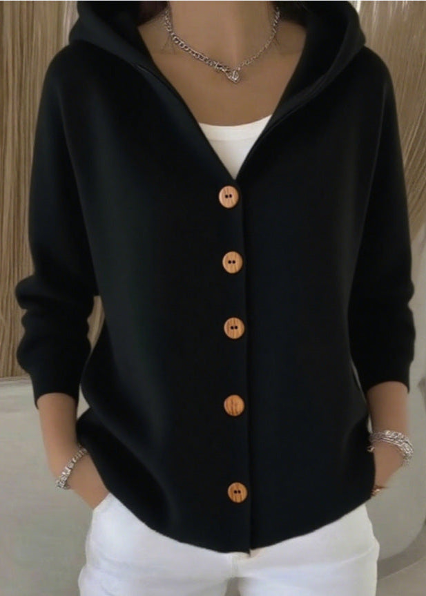 Chic women's button-up hooded cardigan, cozy knit for versatile fall and winter outfits.