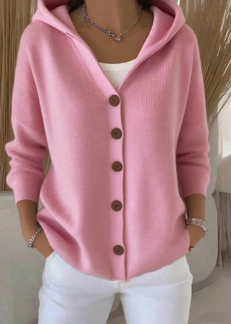 Relaxed fit women's long sleeve hooded cardigan, ideal for everyday versatile style.