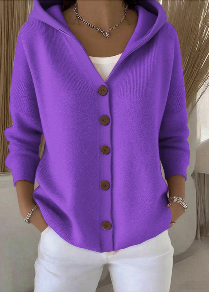 Women's casual hooded cardigan sweater with buttons, great for everyday relaxed wear.