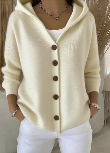 Everyday women's hooded button-up sweater, relaxed fit long sleeve for comfort.