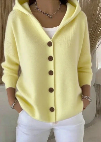 Warm women's long sleeve hooded cardigan, a stylish button-up for cold weather.