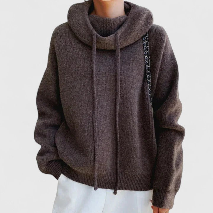 Comfortable women's long-sleeve cowl neck pullover sweater with drawstring, ideal for casual fall fashion.