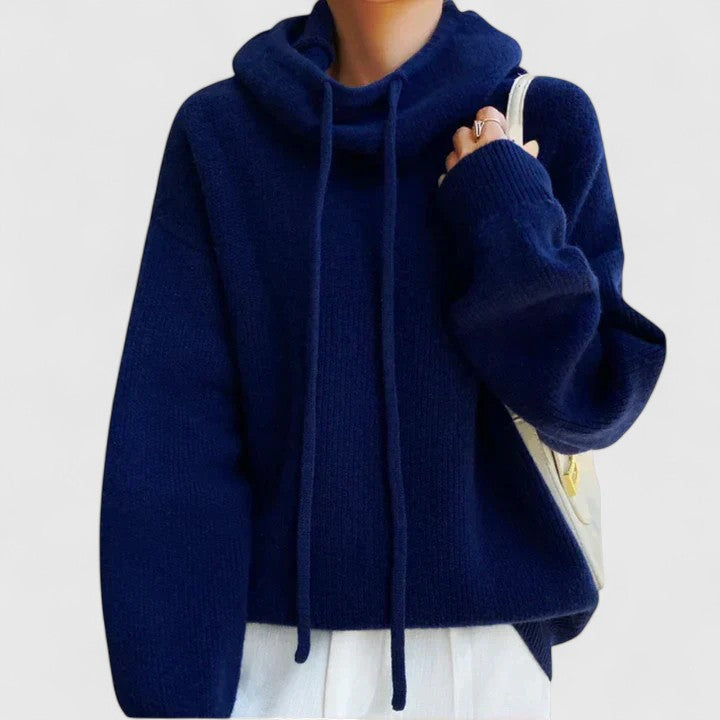 Warm women's fall/winter pullover sweater with a comfortable drawstring cowl neck and long sleeves for casual wear.