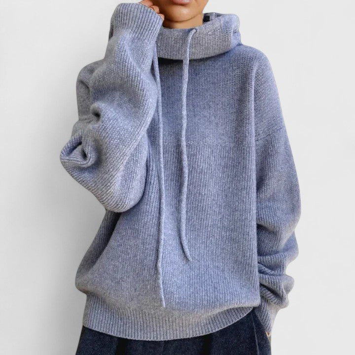 Elegant women's comfort drawstring cowl neck pullover sweater, a cozy top for stylish casual fashion.