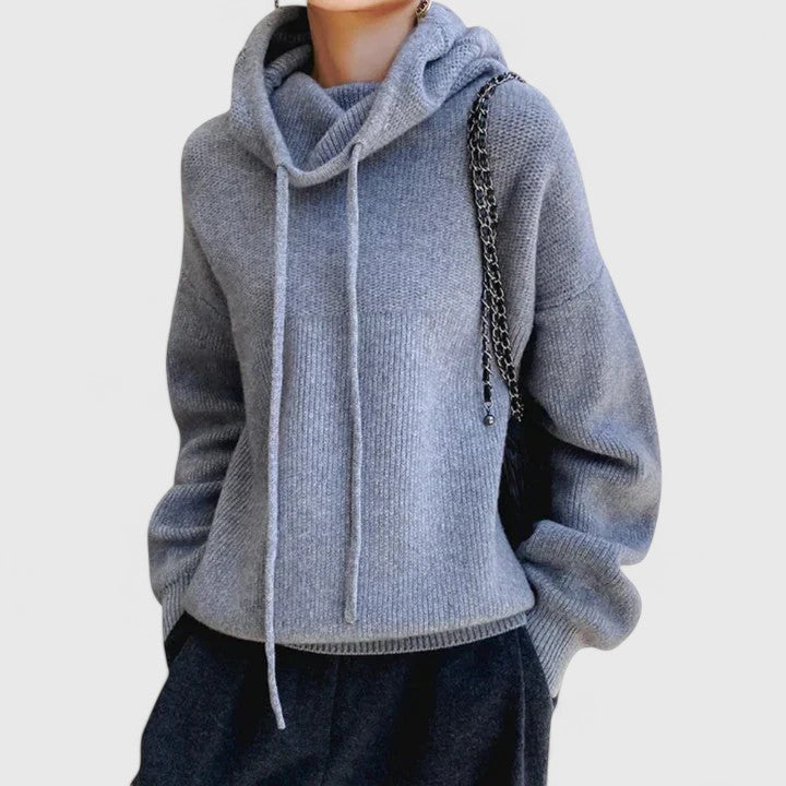 Women's oversized long-sleeve pullover sweater with a cozy drawstring cowl neck for winter and fall apparel.