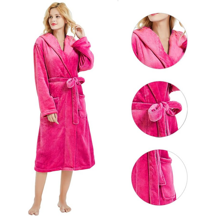 Warm women's hooded bathrobe, ideal for cozy relaxation, post-bath comfort, and luxurious home loungewear.