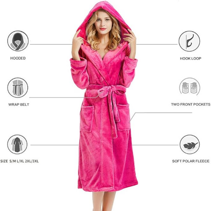 Women's relaxing hooded bathrobe, offering soft comfort & coziness for everyday home wear & unwinding.