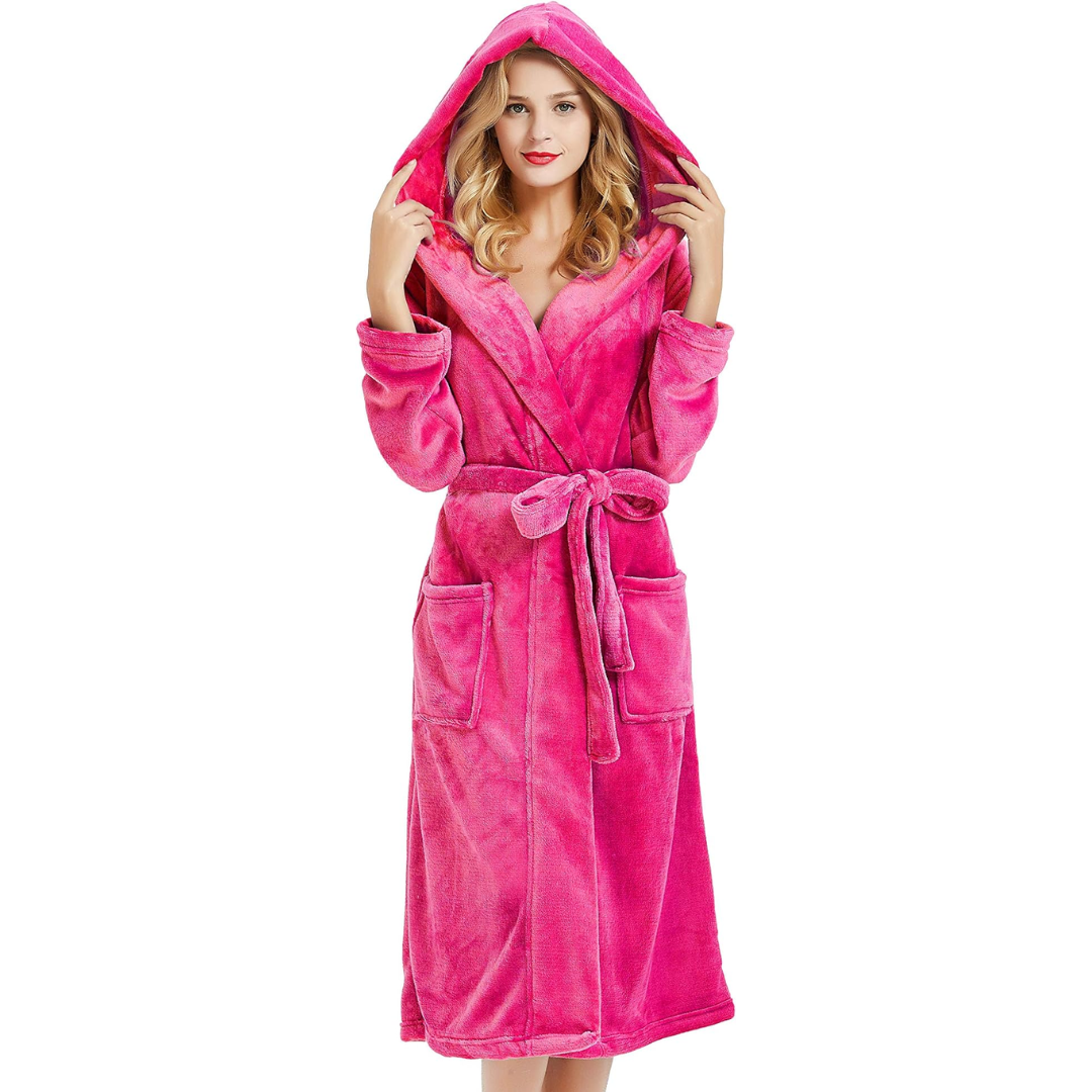 Plush women's hooded robe for spa-like comfort. Ideal for cozy relaxation after a bath or lounging.