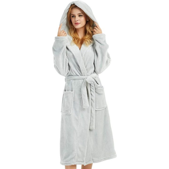 Long women's hooded bathrobe, providing cozy comfort & warmth for loungewear, home wear, & relaxation.