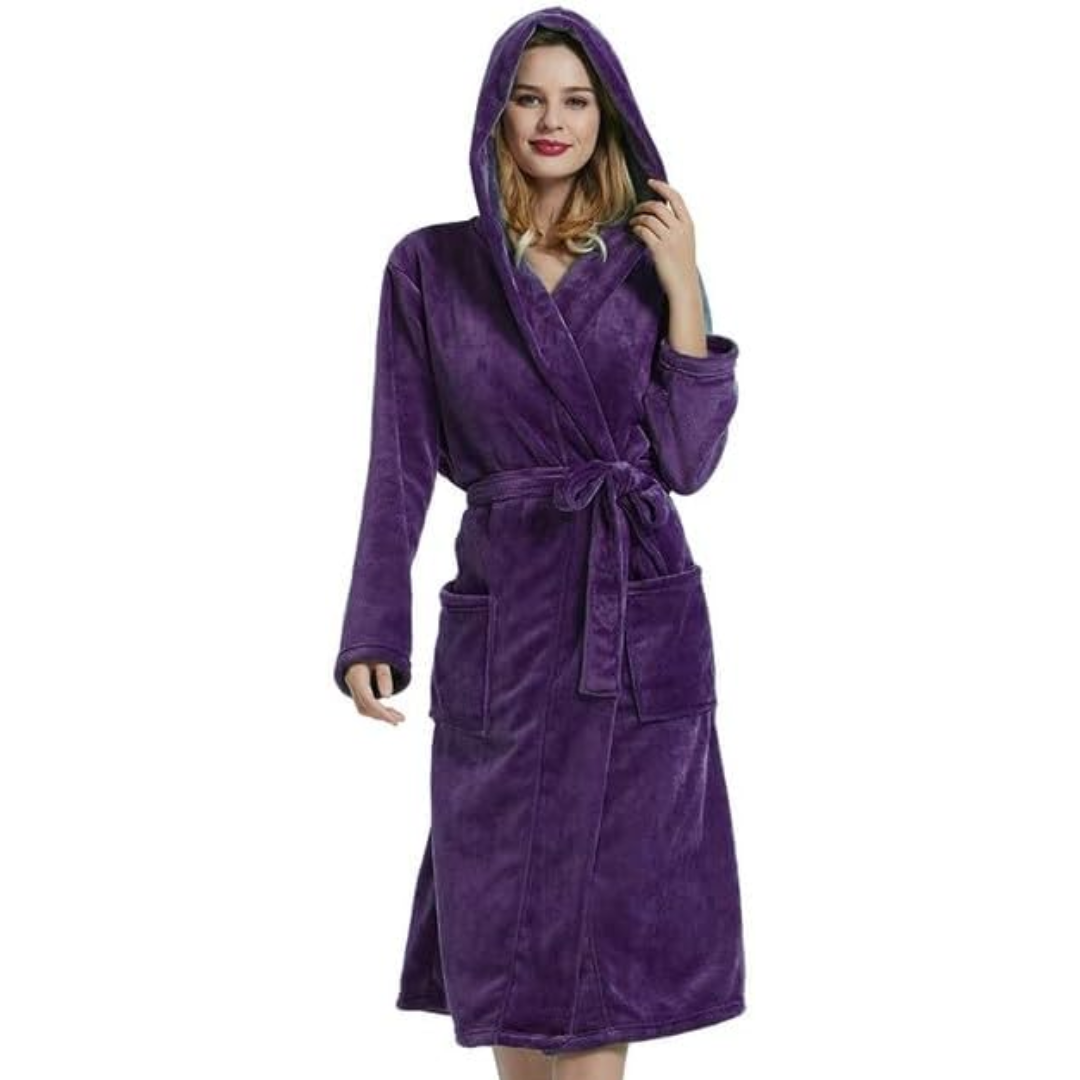 Cozy women's hooded bathrobe, perfect for unwinding. Enjoy soft comfort & relaxation at bath time or home.