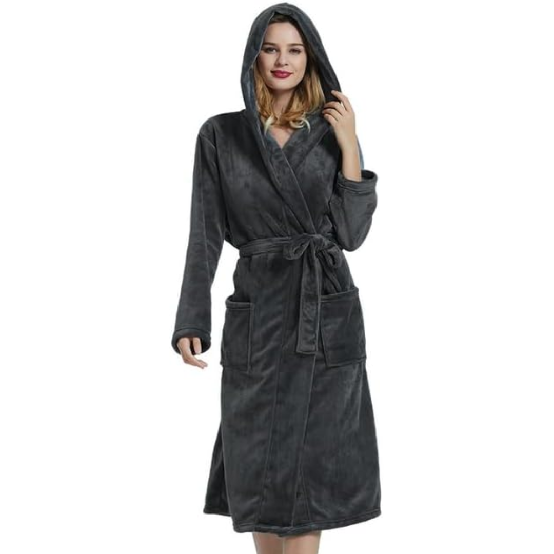 Comfortable women's hooded bathrobe, ideal for sleepwear, home wear, and cozy evenings of relaxation.