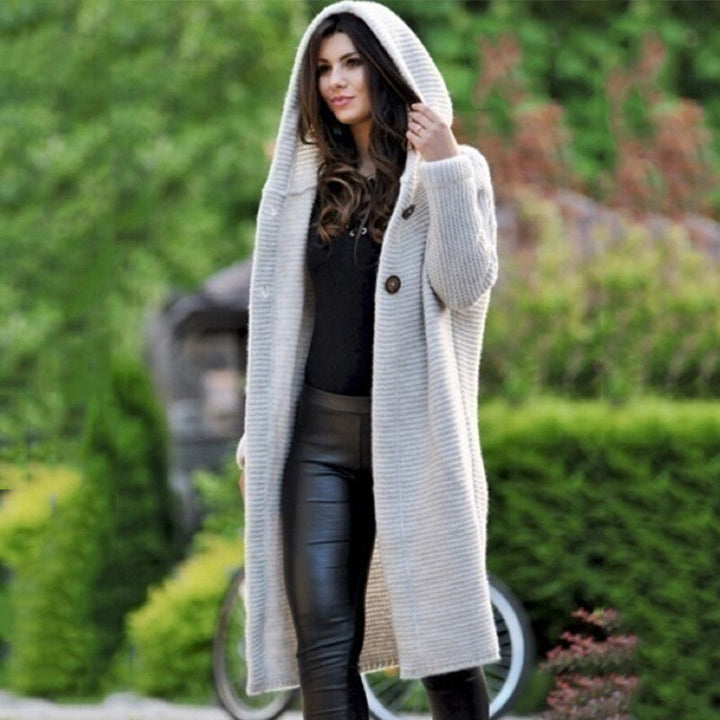 Warm women's hooded cardigan in a soft knit, perfect for elegant casual outerwear & winter comfort.