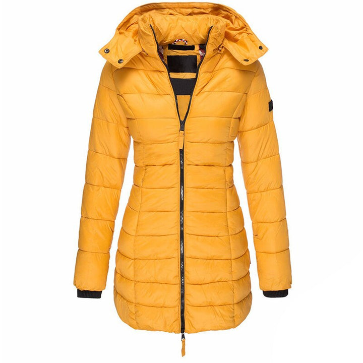 Stylish women's hooded winter coat, insulated for everyday cold weather comfort and casual fashion.