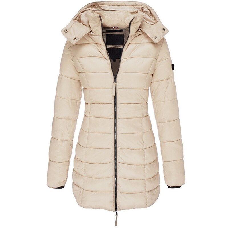 Warm women's insulated winter jacket with a cozy hood, perfect outerwear for cold weather protection.