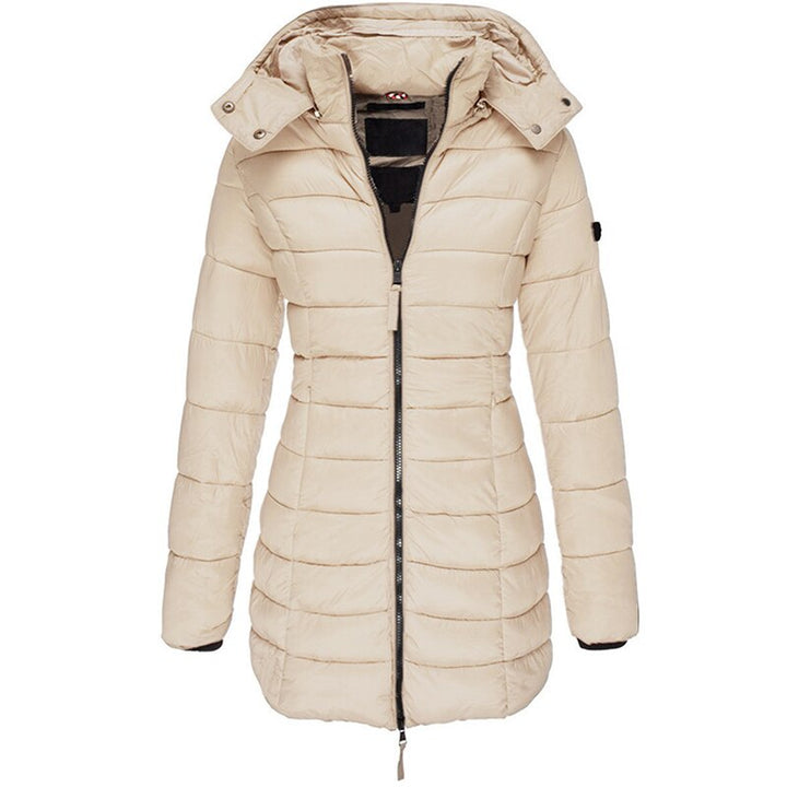 Warm women's insulated winter jacket with a cozy hood, perfect outerwear for cold weather protection.