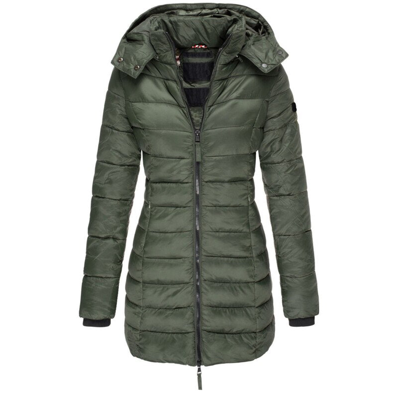 Durable women's insulated winter jacket, a hooded warm outerwear choice for snowy cold weather adventures.