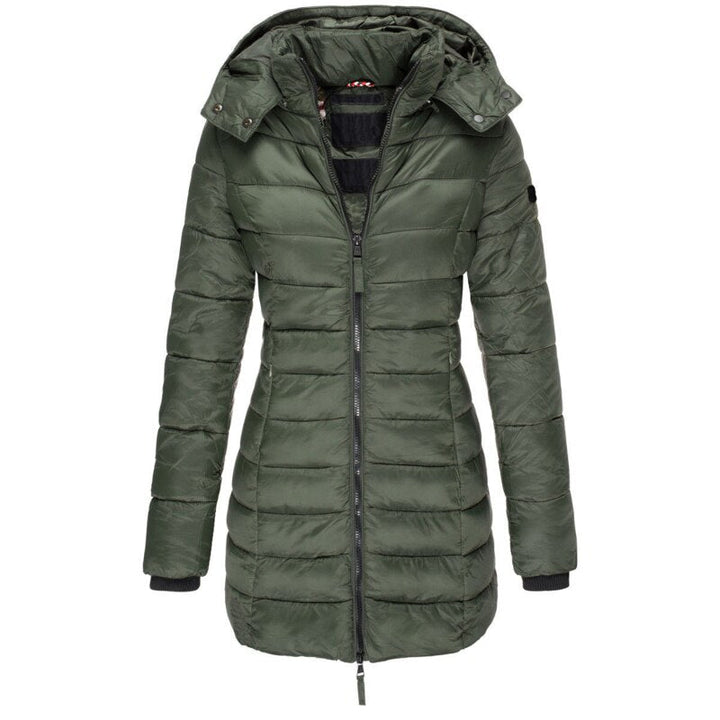 Durable women's insulated winter jacket, a hooded warm outerwear choice for snowy cold weather adventures.