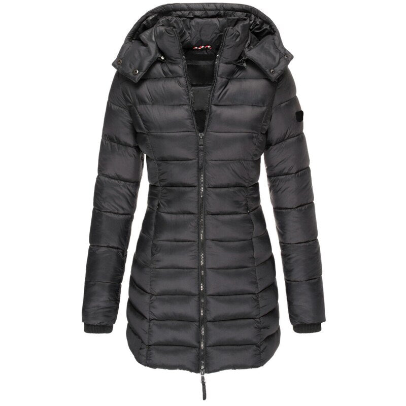 Cozy women's hooded winter coat, insulated for everyday warmth, perfect for chilly casual outings.
