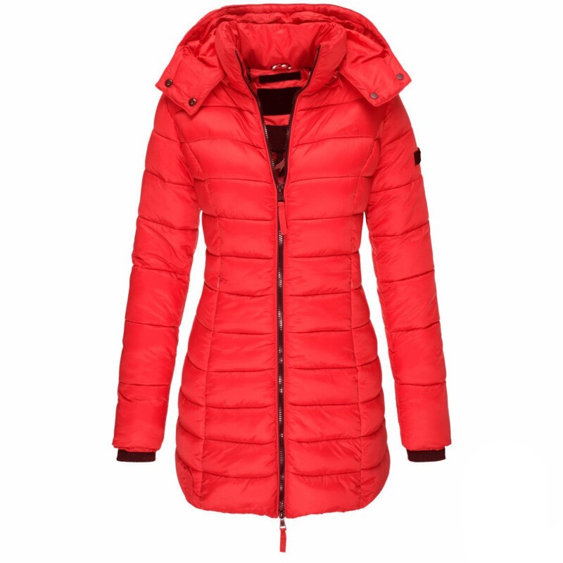 Women's warm insulated hooded winter jacket, a stylish and cozy everyday outerwear essential for cold.