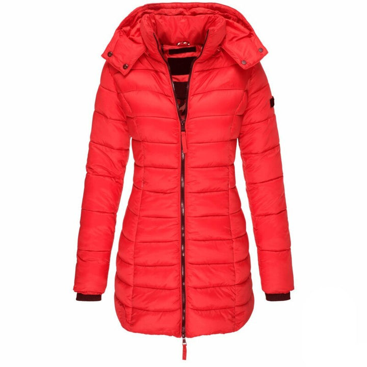 Women's warm insulated hooded winter jacket, a stylish and cozy everyday outerwear essential for cold.
