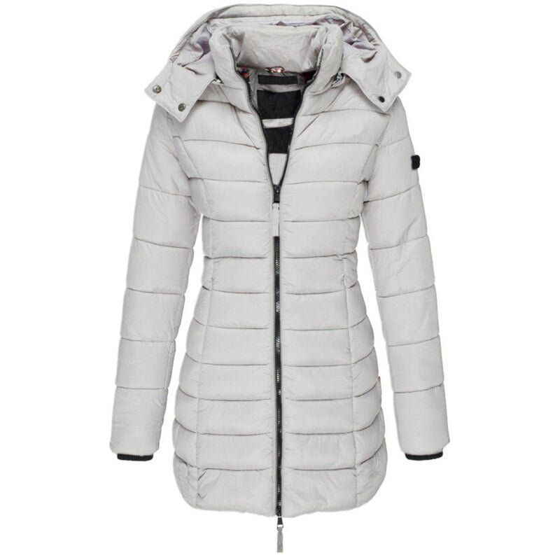 Functional women's insulated hooded jacket, designed for warmth and comfort in severe winter conditions.