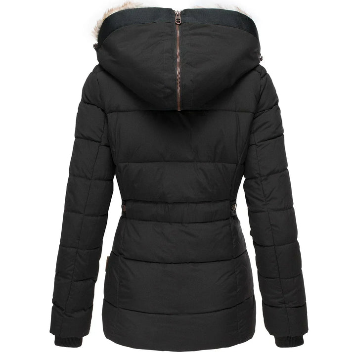 Black women's insulated winter coat. Cozy, warm outerwear for extreme cold. Essential winter fashion.