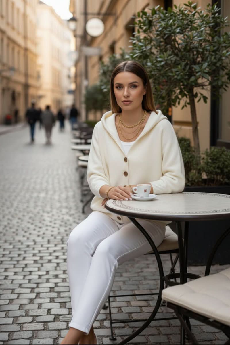 Cozy knitwear: women's hooded cardigan, ideal for winter outfits & everyday comfort.