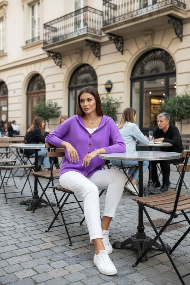 Stylish women's hooded cardigan, a versatile layering piece for fall & winter outfits.