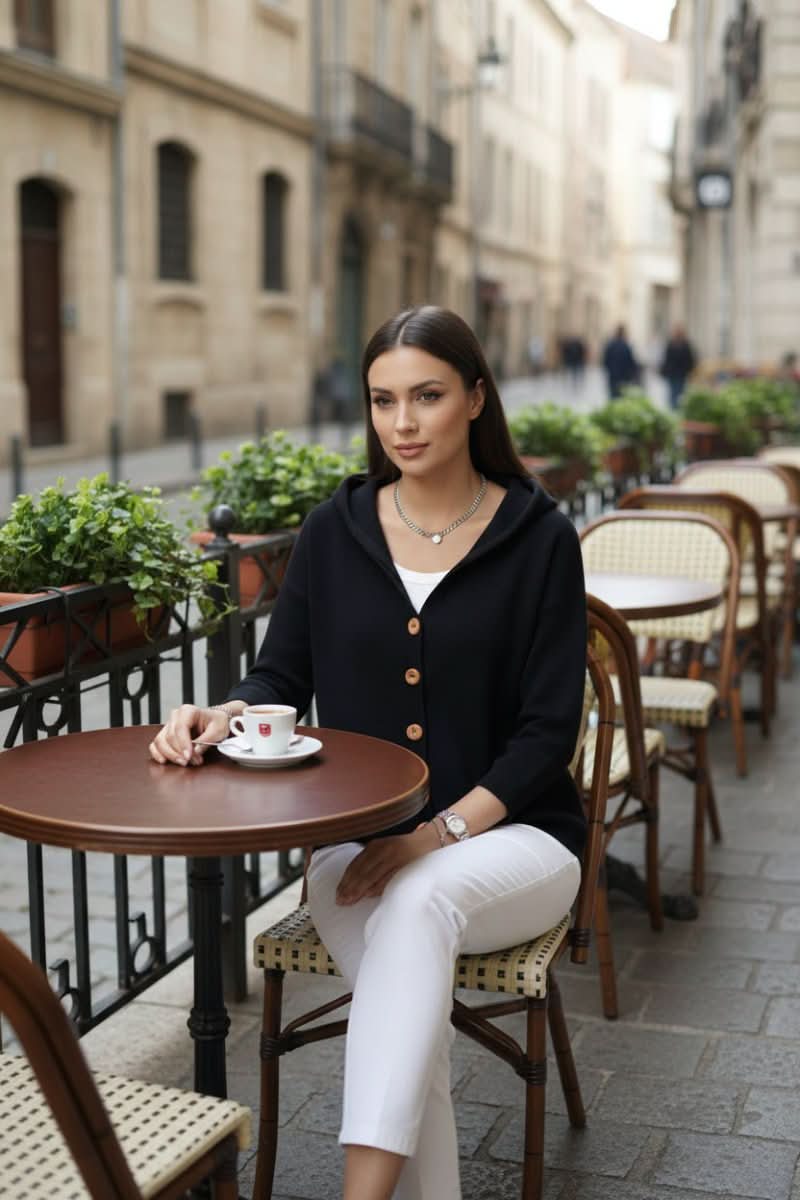 Comfortable women's hooded sweater, ideal cozy knitwear for daily relaxed wear.
