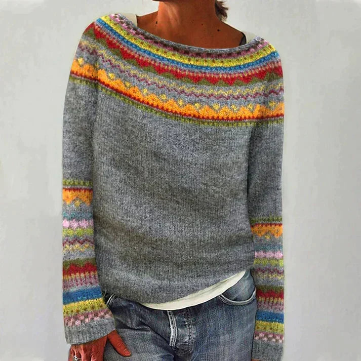 Women's cozy knit pullover sweater with a stylish retro print, perfect for autumn & winter casual fashion.