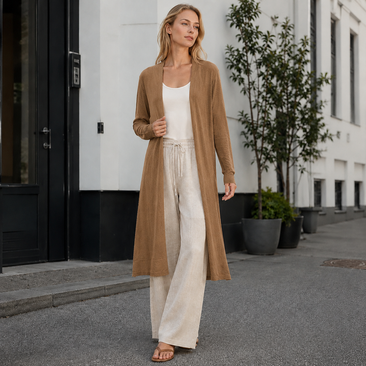 Stylish women's long knit cardigan, perfect versatile layer for everyday warmth.