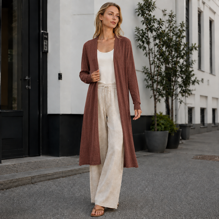Warm open front long knit cardigan for women, ideal for fall outfits & winter fashion.