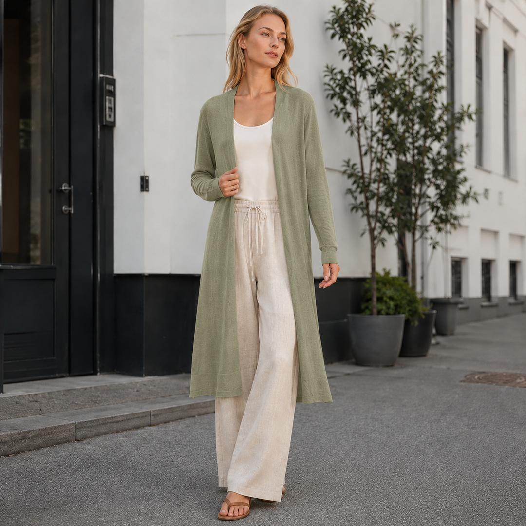 Effortless women's long open front knit cardigan, perfect for fall & winter warmth.