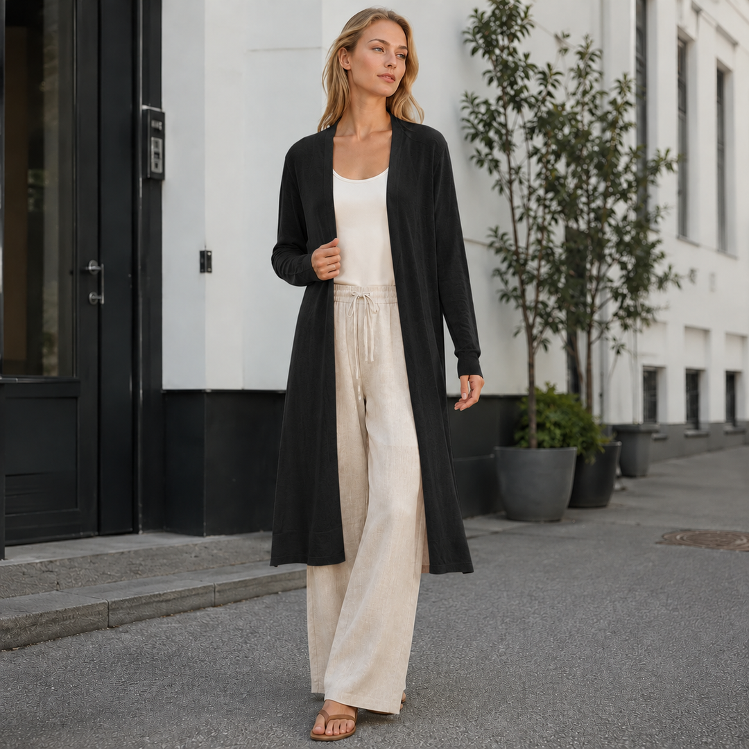 Versatile women's long knit cardigan, a cozy stylish layer for any fall or winter outfit.